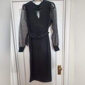 Boohoo Black midi fit dress, belted waist, heart mesh sleeves, new never worn